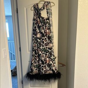 Floral Silk Dress with Feather Trim and neck scarf